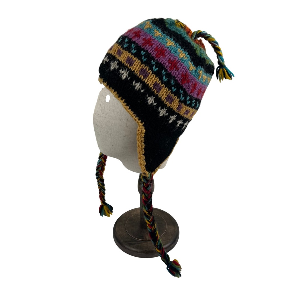 Handmade 100% Wool Earflap Beanie Nepal Fair Isle Knit Chullo Hat Multicolor
